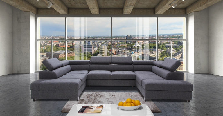 U-shaped sofa with bed function and storage for textiles