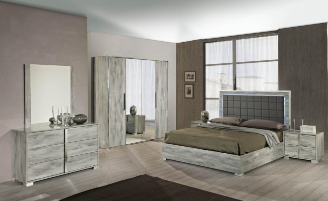 Luxury double bed in upholstered gray wood with modern design