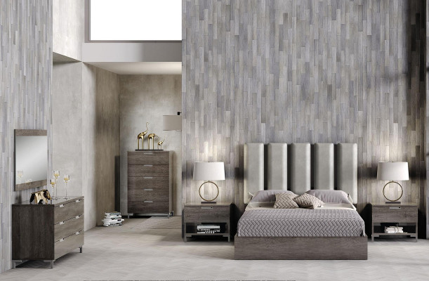 6-piece upholstered king bedroom set with nightstand, dresser, mirror, and bed