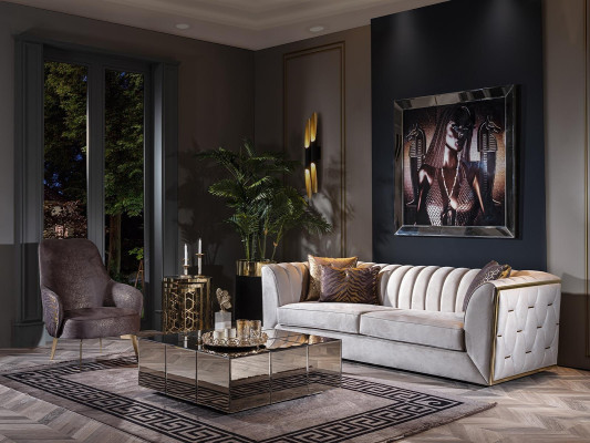 Modern white sofa with coffee table, upholstered sofa for living room, fabric sofas