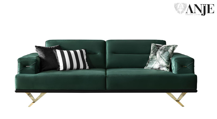 Green three-seater fabric sofa