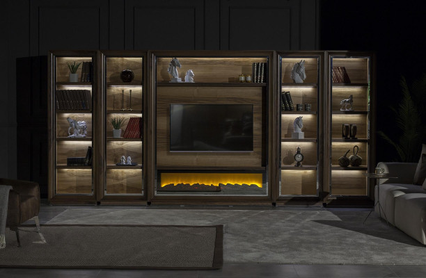 Luxury living room wall, 448 cm, with wooden fireplace