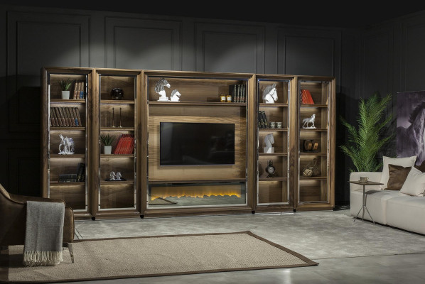 Luxury living room wall, 448 cm, with wooden fireplace