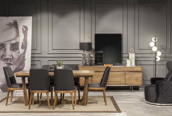Dining table with 4 armchairs, solid, mirror