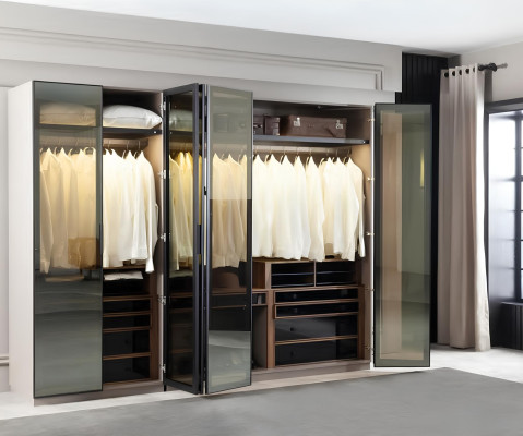 Brown cabinet with storage space and glass doors