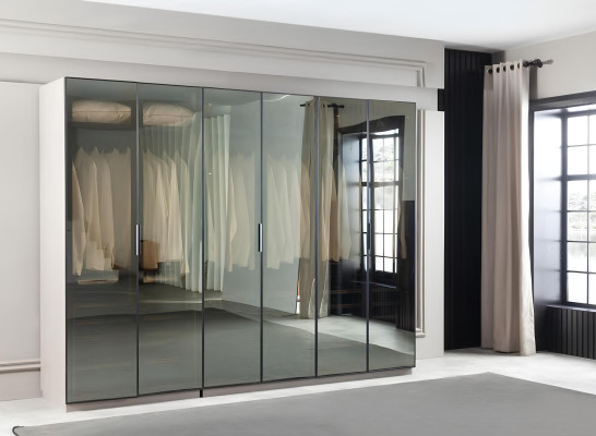 Brown cabinet with storage space and glass doors