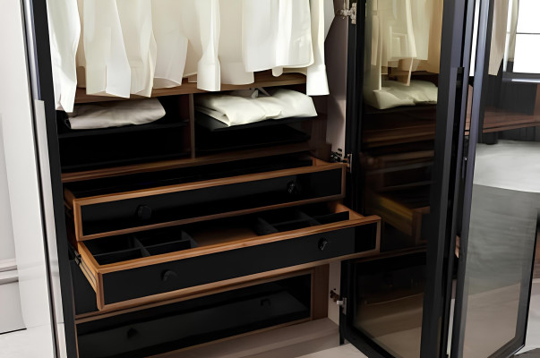Brown cabinet with storage space and glass doors