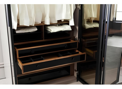 Brown cabinet with storage space and glass doors