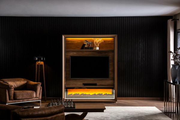 Luxury living room wall with fireplace and coffee table