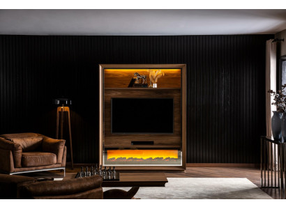 Luxury living room wall with fireplace and coffee table