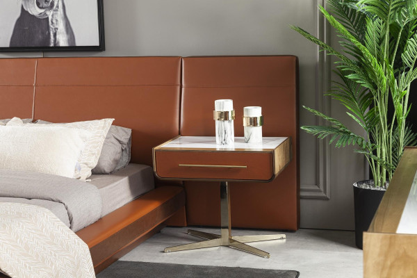 Orange bed made of two parts, with 2 movable nightstands, 3 pieces