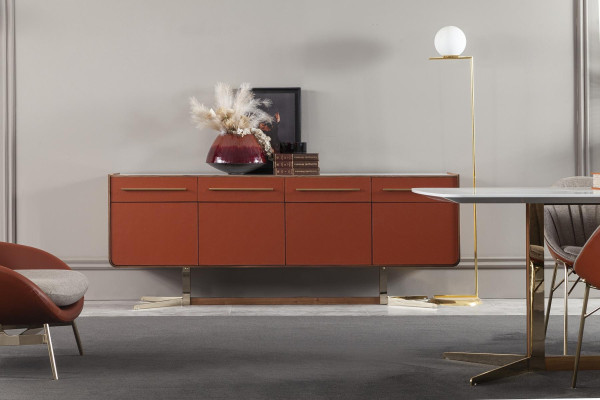 Orange cabinet with drawers and shelves, XXL nightstand, 240 cm buffet