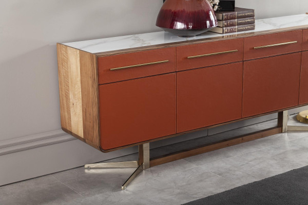 Orange cabinet with drawers and shelves, XXL nightstand, 240 cm buffet