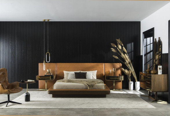 Modern and luxurious faux leather bed, comfortable room