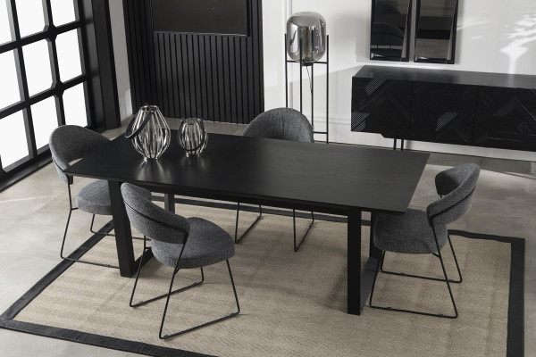 Mustan dining set with cabinet, chairs, and table