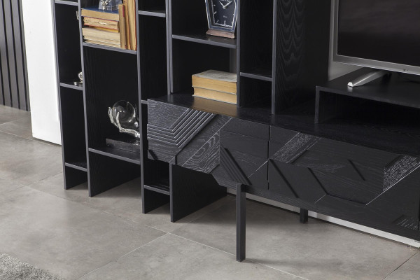 Black wall with open storage space for the living room
