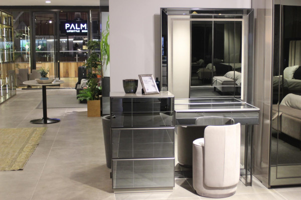 Modern luxury dressing table with elegant 2-piece stool. New gray console