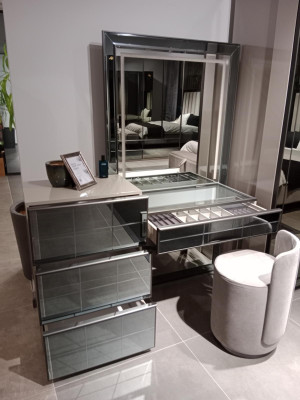 Modern luxury dressing table with elegant 2-piece stool. New gray console