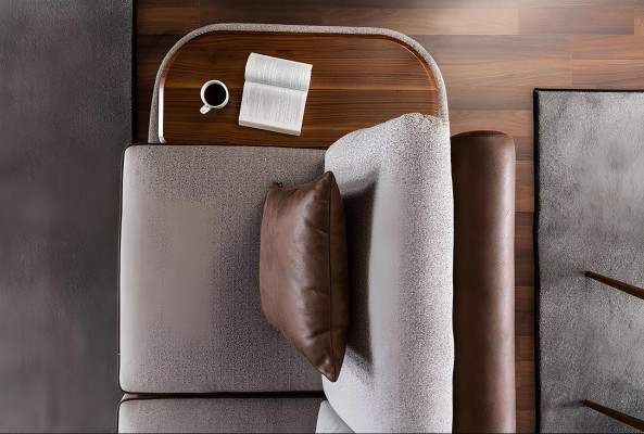 Gray fabric sofa for 3 people with 3-piece table
