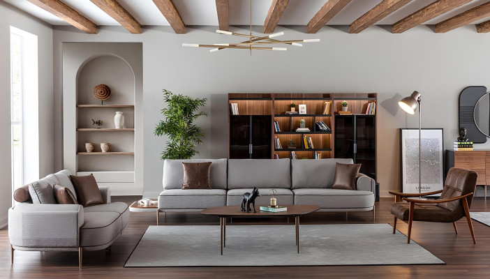 Gray fabric sofa for 3 people with 3-piece table