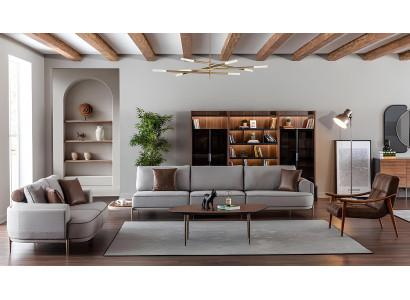 Gray fabric sofa for 3 people with 3-piece table