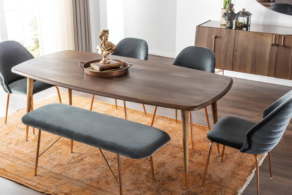 10-piece table set with chairs and brown wooden buffet
