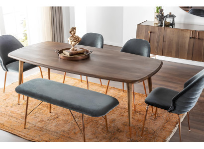 10-piece table set with chairs and brown wooden buffet
