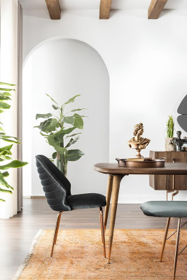 10-piece table set with chairs and brown wooden buffet