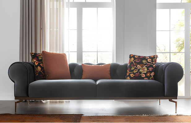 Chesterfield 3-seater sofa in blue fabric