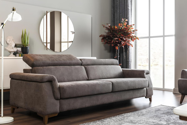 Gray three-seater sofa with bed function