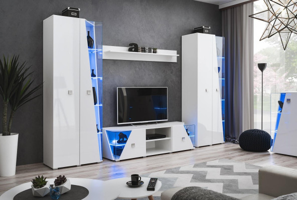 Modern white wall panels for the living room with TV and showcase