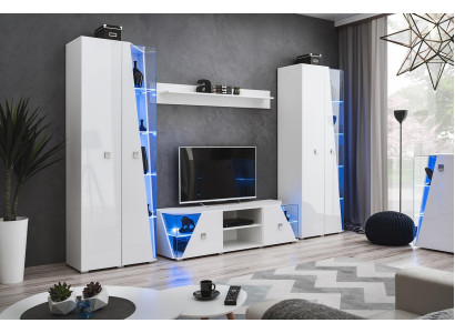 Modern white wall panels for the living room with TV and showcase