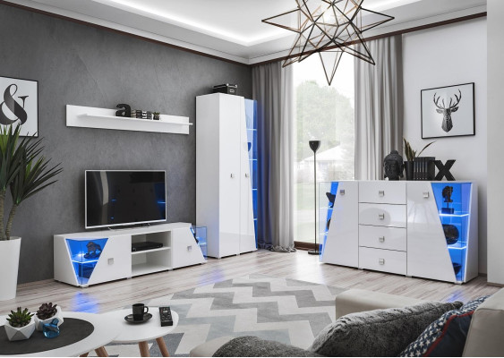 Modern white TV unit with showcase, 4-piece set, new