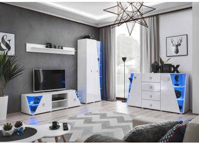 Modern white TV unit with showcase, 4-piece set, new