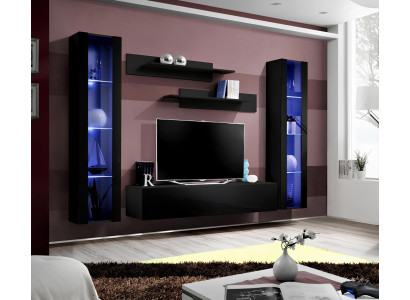 Mobile low living room furniture in wood with shelves in modern black design 5-piece set