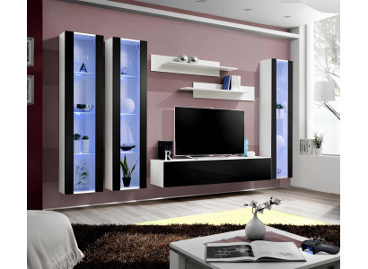 Modern living room wall with shelves and suspended display cabinet design furniture