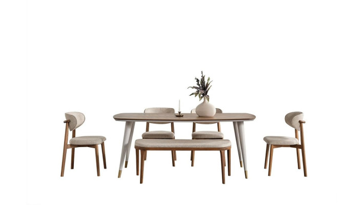 Stylish ensemble consisting of a dining table and 4 chairs + bench in beige color