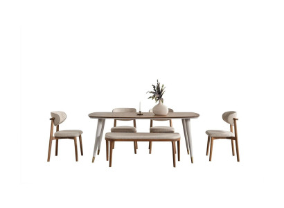 Stylish ensemble consisting of a dining table and 4 chairs + bench in beige color