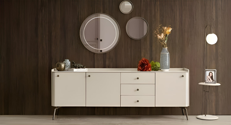 White design dining set with 6 upholstered chairs and sideboard