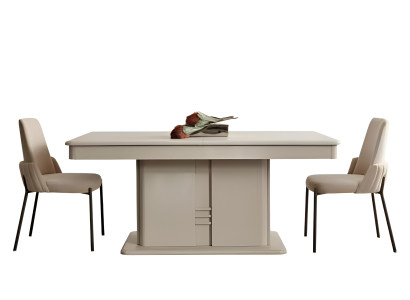 Modern wooden dining table combination with 4 elegant fabric chairs and buffet 6 pieces