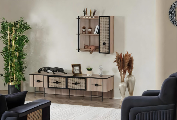 Wooden TV cabinet, modern luxury wall unit
