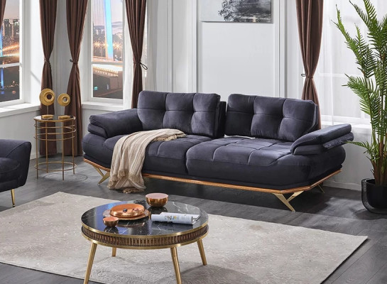 Three-seater sofa for living room in gray fabric, luxurious upholstered furniture