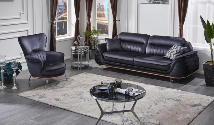 Luxurious black sofa 3+1 places with three-seater sofa
