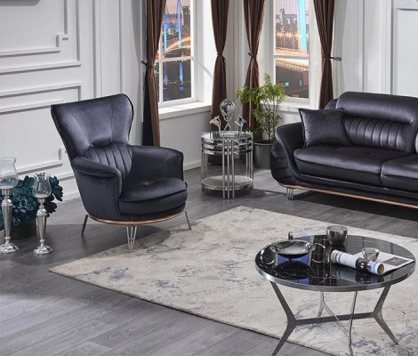 Black fabric armchair for living room, upholstered furniture, luxurious seat