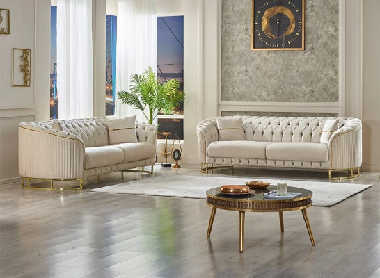 Three-seater sofa for living room 2x white Chesterfield sofas upholstered furniture