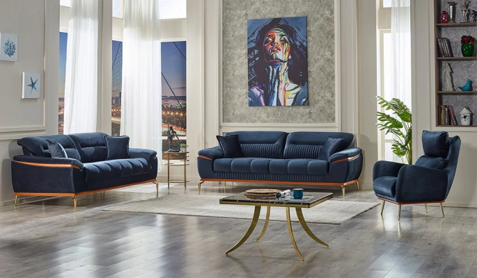 Blue 3-piece sofa set for living room in fabric modern upholstered furniture