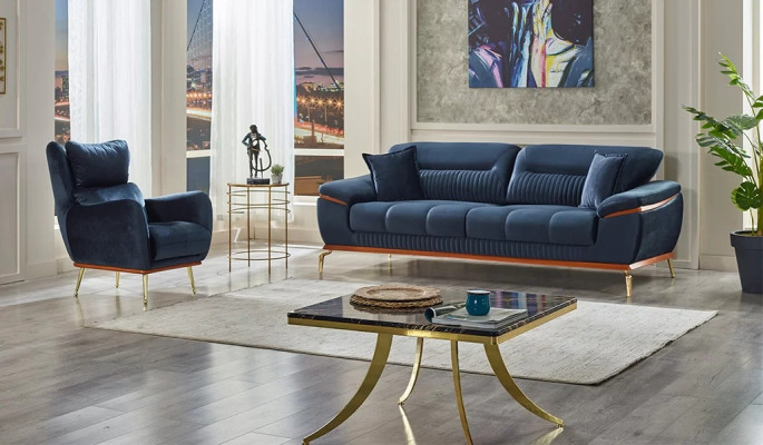 Complete sofa set 3+1 seats modern blue fabric upholstered furniture