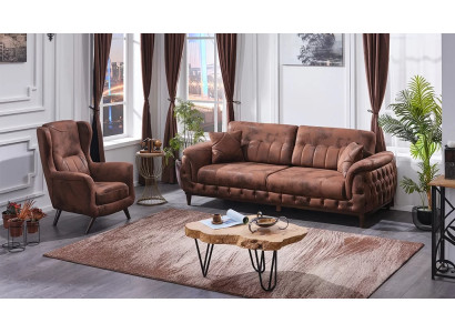 Brown three-seater canapé with designer armchair for living room