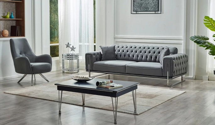 Modern 2-piece gray Chesterfield sofa