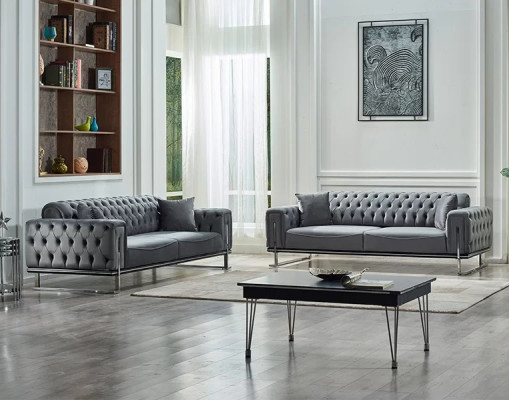 Chesterfield sofa 2x 3 seats luxury gray upholstered furniture living room